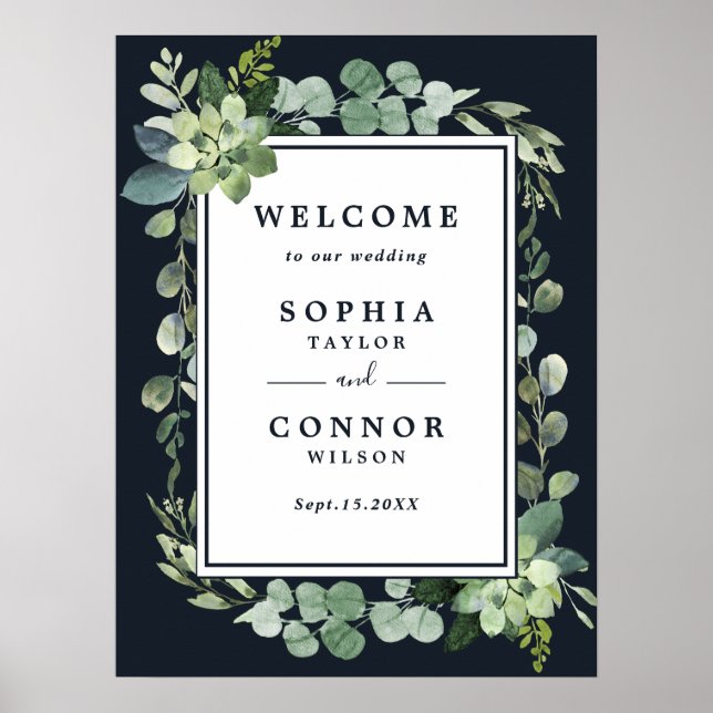 Midnight Navy Blue Succulent Wedding Welcome Sign (Front)