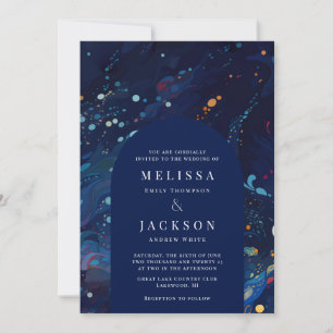Midnight Navy Blue Swirls Wedding Arch Invitation