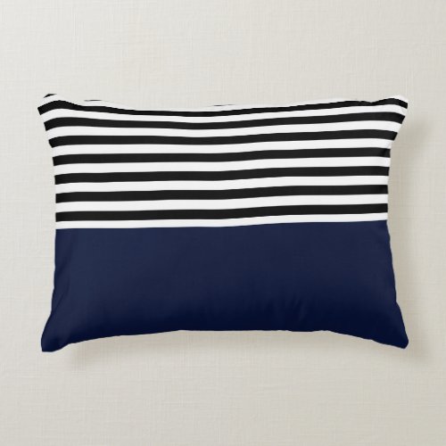 Midnight Navy Blue With Black and White Stripes Accent Pillow