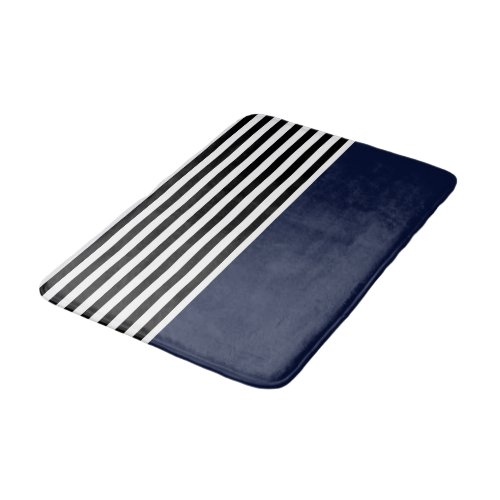 Midnight Navy Blue With Black and White Stripes Bath Mat