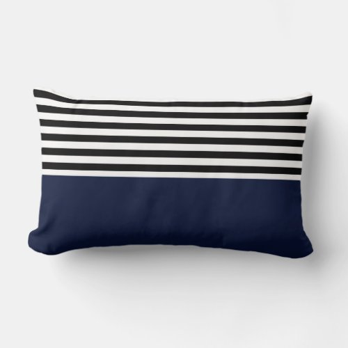 Midnight Navy Blue With Black and White Stripes Lumbar Pillow