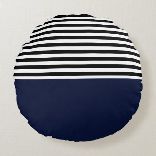 Midnight Navy Blue With Black and White Stripes Round Pillow