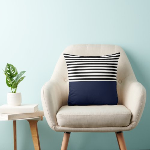 Midnight Navy Blue With Black and White Stripes Throw Pillow