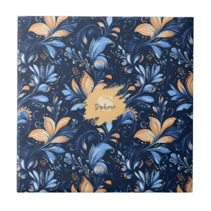 Midnight Navy Floral - Peach Blooms & Blue Vines Ceramic Tile