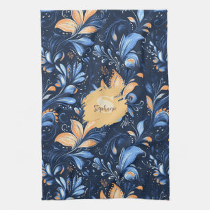 Midnight Navy Floral - Peach Blooms & Blue Vines Kitchen Towel