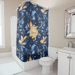 Midnight Navy Floral - Peach Blooms & Blue Vines Shower Curtain