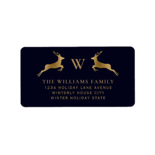 Midnight Navy Gold Deer Family Monogram Address Label