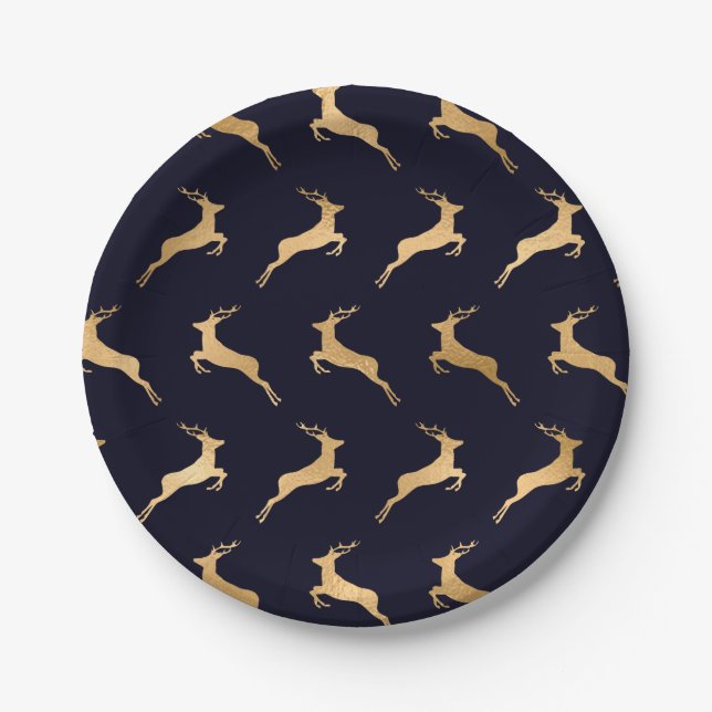 Midnight Navy Gold Deer Pattern Paper Plates (Front)