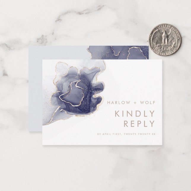 Midnight Navy Gold Elegant Modern Wedding RSVP Note Card (Front/Back In Situ)