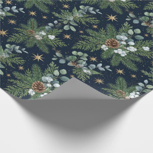 Midnight Navy Gold Star Pine Christmas Wrap Roll Wrapping Paper