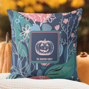 Midnight Navy Pink Fall Floral Pumpkin Throw Pillow