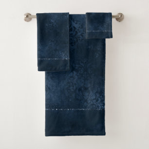 Midnight Navy Romance   Blue Satiny Grunge Damask Bath Towel Set