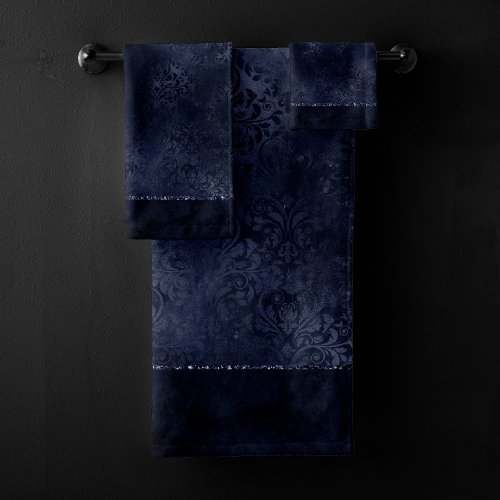Midnight Navy Romance  Blue Satiny Grunge Damask Bath Towel Set