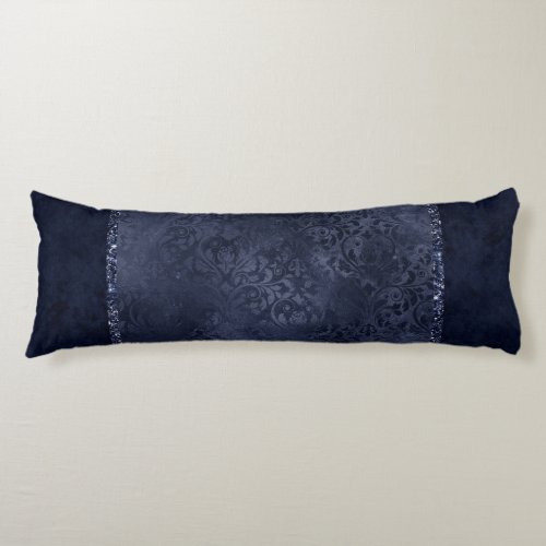 Midnight Navy Romance  Blue Satiny Grunge Damask Body Pillow