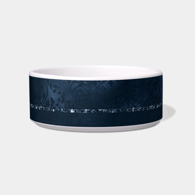 Midnight Navy Romance | Blue Satiny Grunge Damask Bowl (Front)