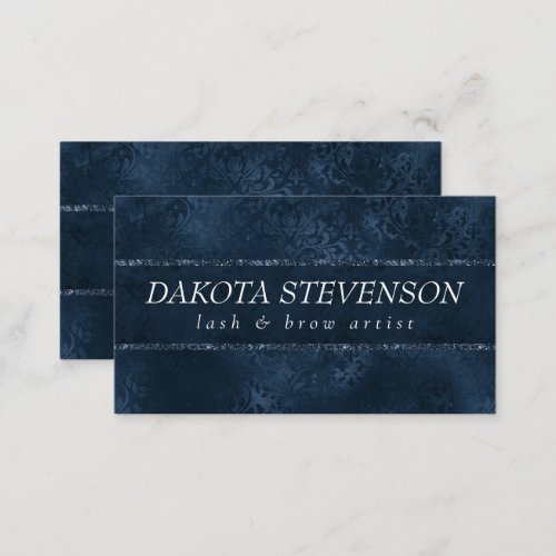 Midnight Navy Romance  Blue Satiny Grunge Damask Business Card