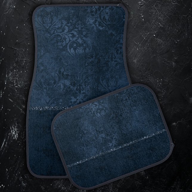 Midnight Navy Romance | Blue Satiny Grunge Damask Car Floor Mat (Creator Uploaded)
