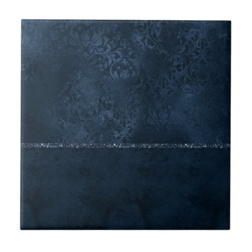 Midnight Navy Romance  Blue Satiny Grunge Damask Ceramic Tile
