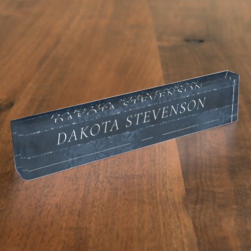 Midnight Navy Romance  Blue Satiny Grunge Damask Desk Name Plate