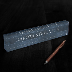 Midnight Navy Romance   Blue Satiny Grunge Damask Desk Name Plate