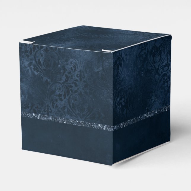 Midnight Navy Romance | Blue Satiny Grunge Damask Favor Boxes (Front Side)