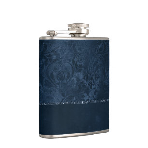 Midnight Navy Romance Blue Satiny Grunge Damask Flask