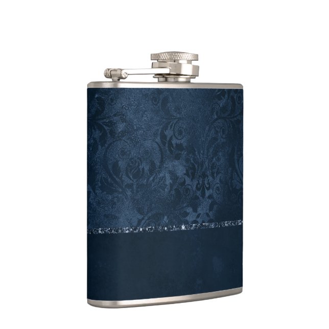 Midnight Navy Romance | Blue Satiny Grunge Damask Flask (Right)