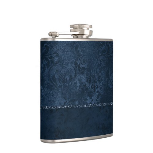 Midnight Navy Romance  Blue Satiny Grunge Damask Flask