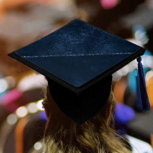 Midnight Navy Romance Blue Satiny Grunge Damask Graduation Cap Topper