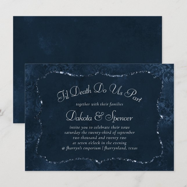 Midnight Navy Romance | Blue Satiny Grunge Damask Invitation (Front/Back)