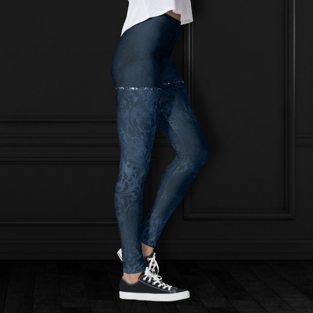 Midnight Navy Romance | Blue Satiny Grunge Damask Leggings (Creator Uploaded)