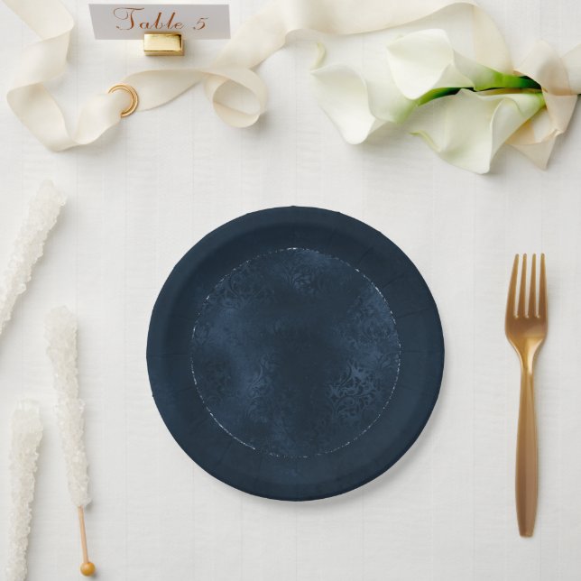 Midnight Navy Romance | Blue Satiny Grunge Damask Paper Plates (Wedding)