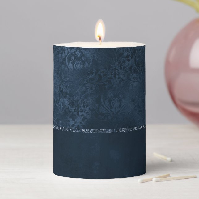 Midnight Navy Romance | Blue Satiny Grunge Damask Pillar Candle (In Situ)