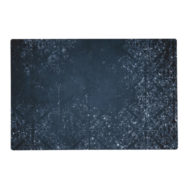 Midnight Navy Romance | Blue Satiny Grunge Damask Placemat (Front)
