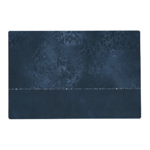 Midnight Navy Romance Blue Satiny Grunge Damask Placemat