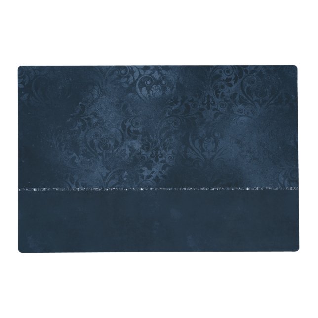 Midnight Navy Romance | Blue Satiny Grunge Damask Placemat (Front)