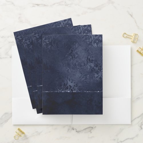 Midnight Navy Romance  Blue Satiny Grunge Damask Pocket Folder