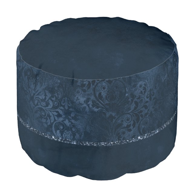 Midnight Navy Romance | Blue Satiny Grunge Damask Pouf (Angled Front)