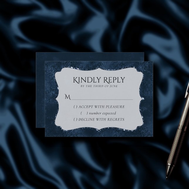 Midnight Navy Romance | Blue Satiny Grunge Damask RSVP Card (Creator Uploaded)