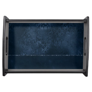 Midnight Navy Romance Blue Satiny Grunge Damask Serving Tray