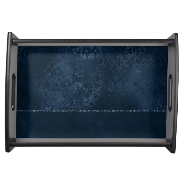 Midnight Navy Romance | Blue Satiny Grunge Damask Serving Tray (Front)