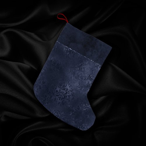 Midnight Navy Romance  Blue Satiny Grunge Damask Small Christmas Stocking