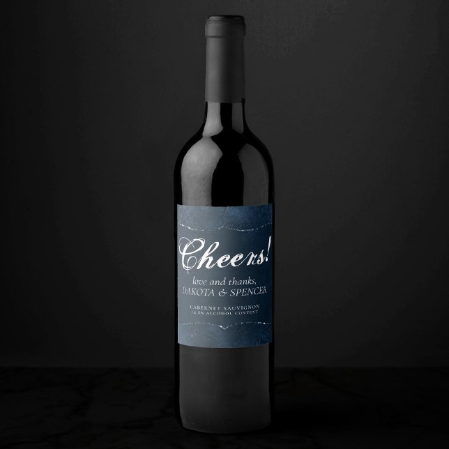 Midnight Navy Romance | Blue Satiny Grunge Damask Wine Label (Creator Uploaded)