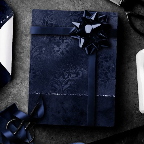 Midnight Navy Romance  Blue Satiny Grunge Damask Wrapping Paper