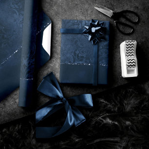 Midnight Navy Romance Blue Satiny Grunge Damask Wrapping Paper