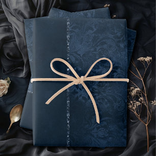 Midnight Navy Romance Blue Satiny Grunge Damask Wrapping Paper Sheets
