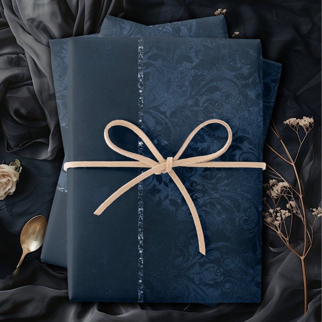 Midnight Navy Romance | Blue Satiny Grunge Damask Wrapping Paper Sheets (Creator Uploaded)