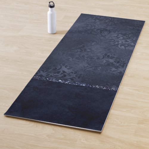 Midnight Navy Romance  Blue Satiny Grunge Damask Yoga Mat