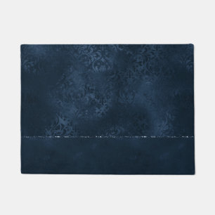 Midnight Navy Romance Dark Satiny Grunge Damask Doormat