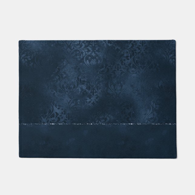Midnight Navy Romance | Dark Satiny Grunge Damask Doormat (Front)